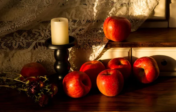 Light, apples, candle, red, fabric, still life, items, candle holder