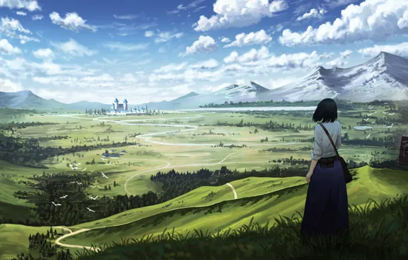 Picture girl, landscape, nature, panorama
