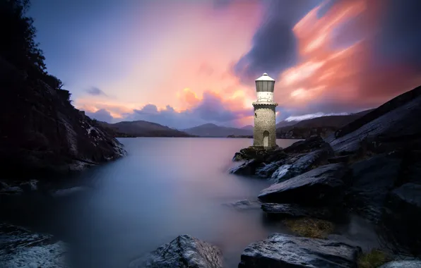 Landscape, nature, stones, the ocean, rocks, dawn, lighthouse, morning