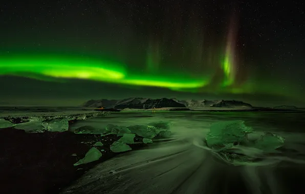 Picture cold, ice, beach, night, Northern lights, polar
