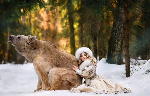 Winter, forest, look, snow, nature, pose, bear, costume