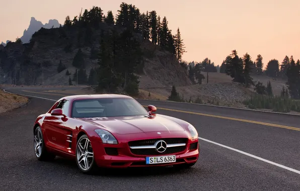 Road, trees, machine, mercedes, Mercedes, car Wallpaper, sls amg