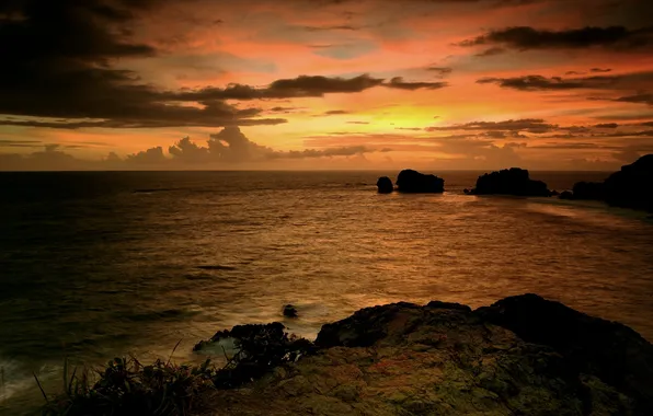 Sea, the sky, water, clouds, sunset, stones, the ocean, rocks