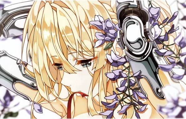 Picture face, blue eyes, sad, violet, bangs, hands behind head, iron hand, Violet Evergarden