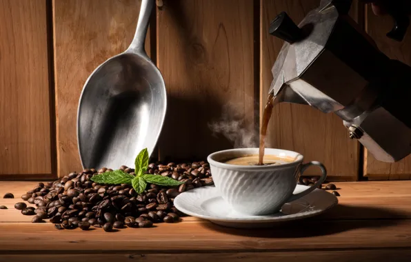 Picture leaves, coffee, hot, couples, Cup, saucer, grain, teapot