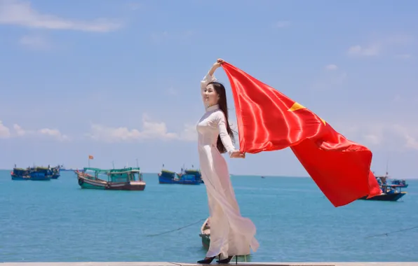 Girl, face, the wind, star, dress, flag, Vietnam