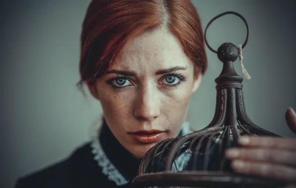 Picture look, girl, face, background, cell, freckles, red, redhead