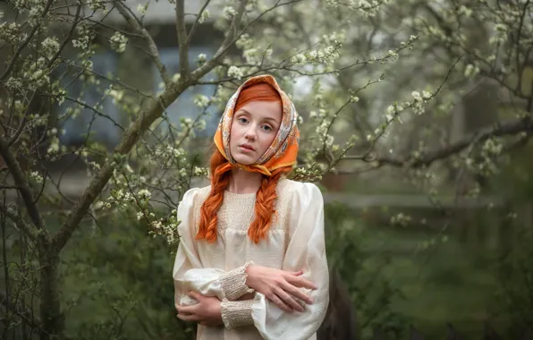Look, girl, flowers, branches, face, pose, pond, tree