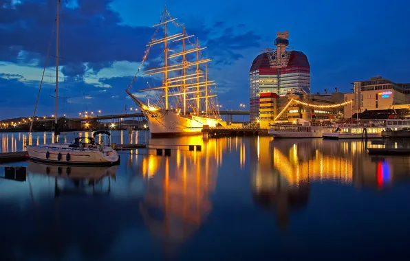 Night, lights, ship, sailboat, yacht, Sweden, harbour, Gothenburg