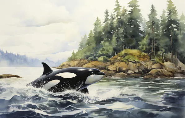 Picture Sea, Whale, Trees, Digital art, AI art, The Art of Artificial Intelligence, Neural network, Imitation …