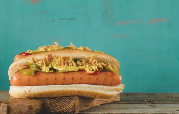 Sauce, ketchup, blue background, sausage, roll, pickles, hot dog, mustard