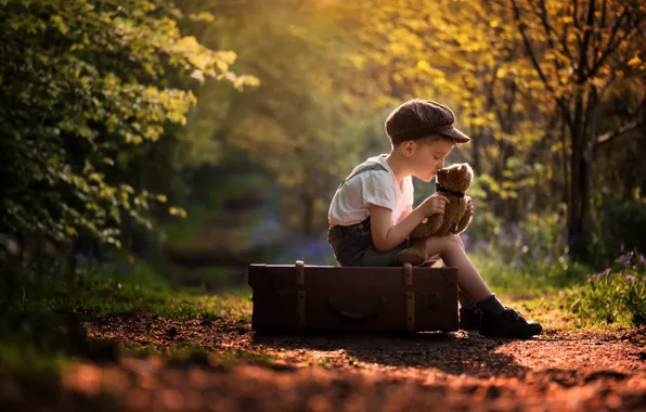 Picture nature, mood, toy, boy, cap, suitcase, Teddy bear