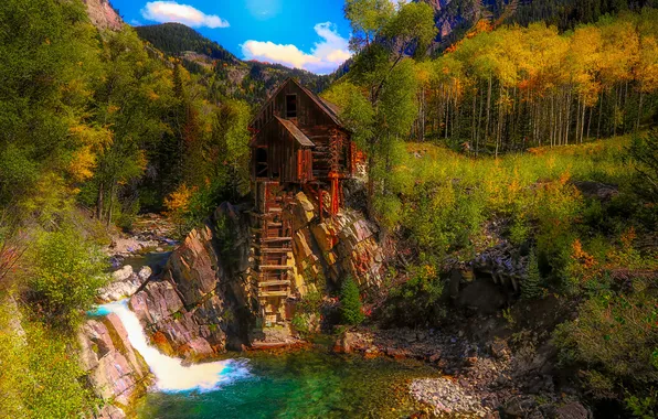 Autumn, forest, mountains, blue, rocks, shore, waterfall, mill