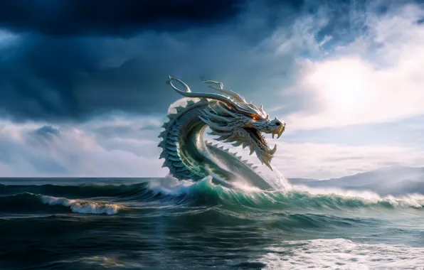 Sea, wave, landscape, nature, dragon, fantasy, sea dragon, fantasy art