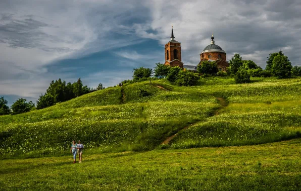 Picture summer, landscape, nature, grass, path, the bell tower, Church, Nikola is a Sloth