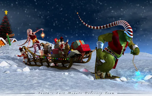 Anime, gifts, tree, sleigh, Santa, Klaus