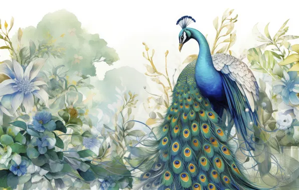 Flowers, bird, feathers, watercolor, tail, white background, peacock, painting