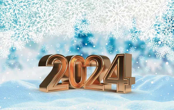 Picture winter, snow, snowflakes, gold, New Year, figures, golden, new year