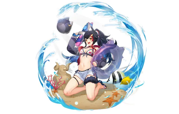 Girl, sexy, cleavage, beach, shorts, long hair, boobs, anime