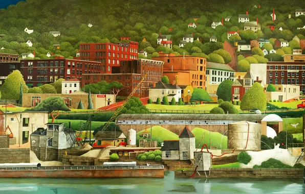 Machine, trees, the city, river, shore, figure, picture, art