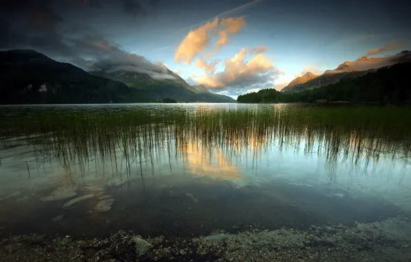 Landscape, sunset, mountains, lake