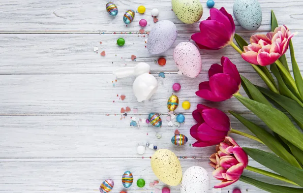 Flowers, eggs, spring, colorful, Easter, tulips, happy, wood