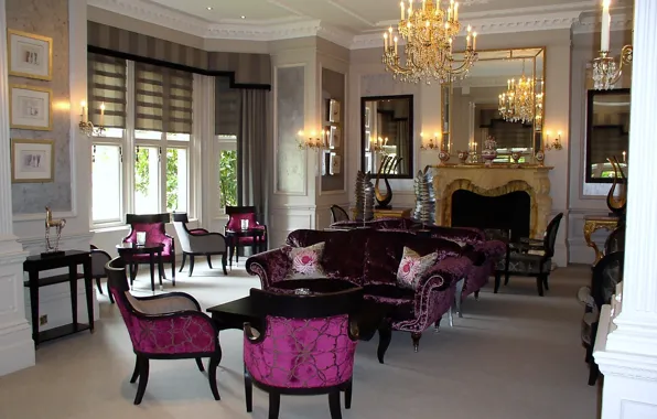 Design, interior, pillow, mirror, chairs, chandelier, pictures, fireplace
