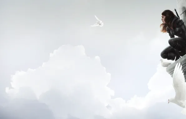 Clouds, Girl, Dove, Bird, Birds, Girl, Heaven, Pigeons