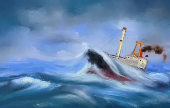 Wave, storm, ship, picture, seascape
