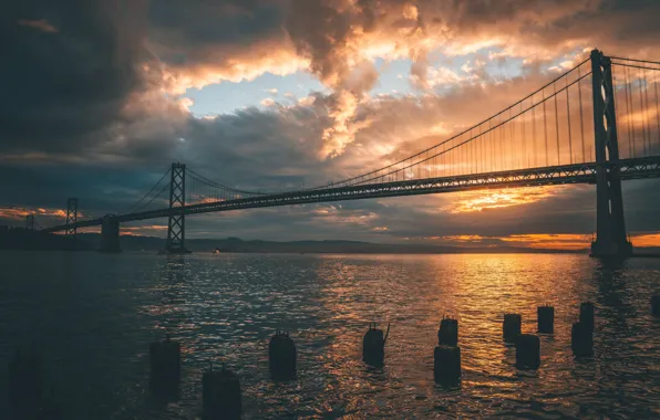 The sky, water, sunset, clouds, bridge, Golden gate, architecture, pond