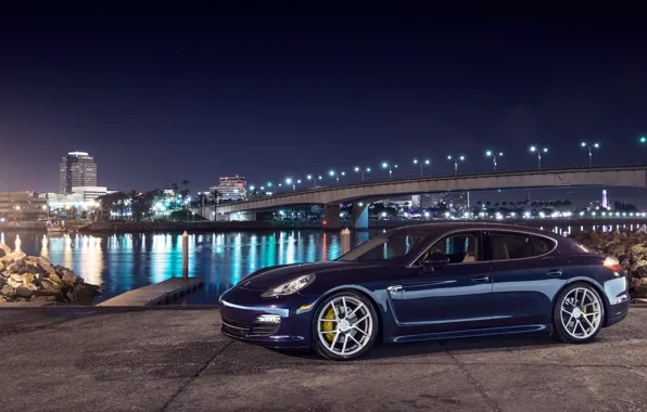 Picture night, blue, bridge, the city, lights, porsche, Porsche, blue