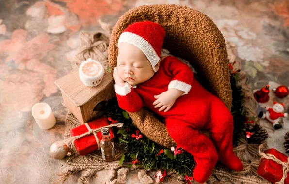 Hat, toys, child, sleep, chair, candles, costume, gifts