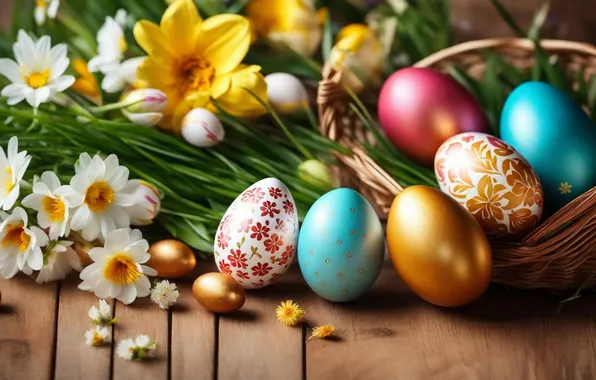 Flowers, eggs, spring, colorful, Easter, happy, flowers, spring