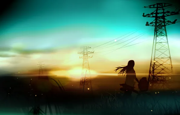 Girl, landscape, sunset, bike, wire, art, power lines, rushka