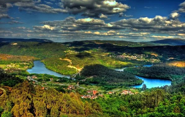 Picture forest, clouds, trees, bridge, nature, river, village