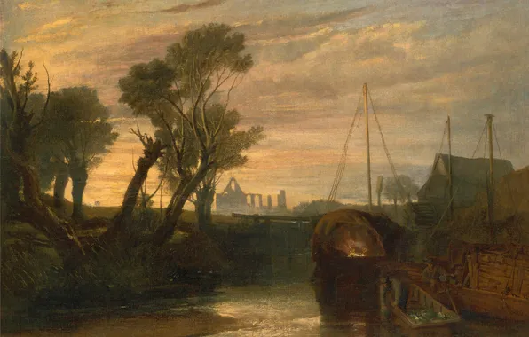Trees, landscape, river, boat, picture, William Turner, Abbey Newark