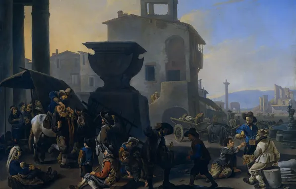 Oil, picture, canvas, the urban landscape, Johannes Lingelbach, Italian Market and Restaurant