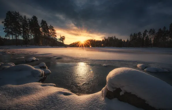 Winter, forest, the sky, the sun, rays, snow, nature, lake