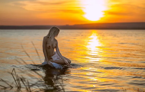 Chest, the sun, landscape, sunset, sexy, pose, river, model