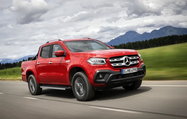 Picture road, field, asphalt, red, Mercedes-Benz, pickup, 2018, X-Class