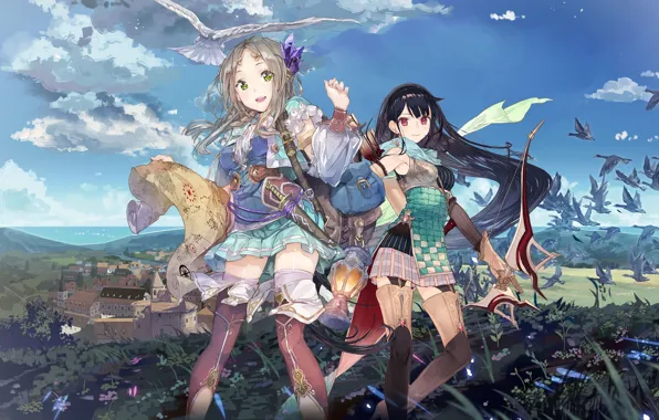 The sky, clouds, birds, the city, weapons, girls, map, home
