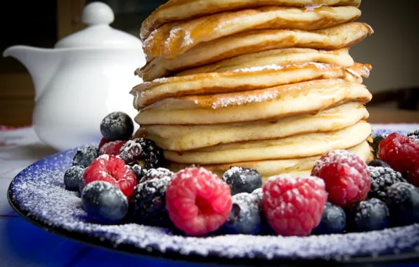Berries, raspberry, blueberries, pancakes, cakes, berries, breakfast, pancakes