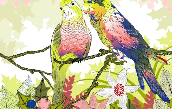 Picture flowers, nature, sprig, vector, parrot