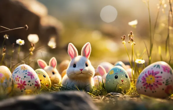 Look, light, flowers, nature, holiday, glade, hare, eggs