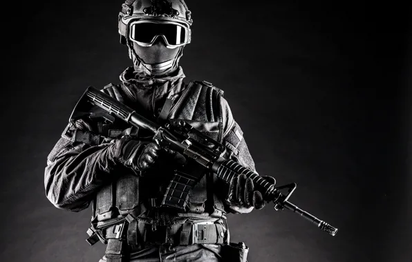 Background, mask, glasses, soldiers, machine, gloves, helmet, black and white