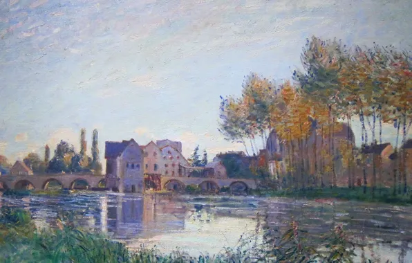 Picture autumn, trees, landscape, bridge, river, home, picture, Alfred Sisley