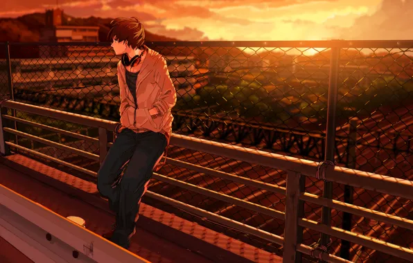 Road, sunset, bridge, the fence, anime, headphones, art, guy