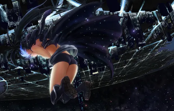 Picture night, the city, fire, girl, Anime, Anime, flies, Black Rock Shooter