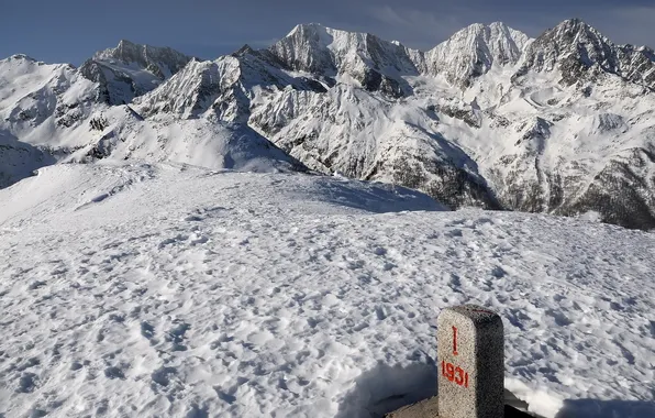 Snow, mountains, sign