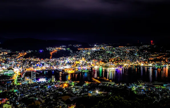 Picture night, lights, Japan, megapolis, Nagasaki